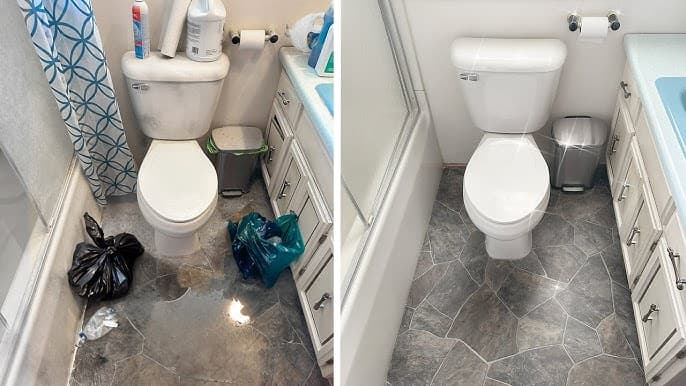 Salle de bain avant et après nettoyée par Alia